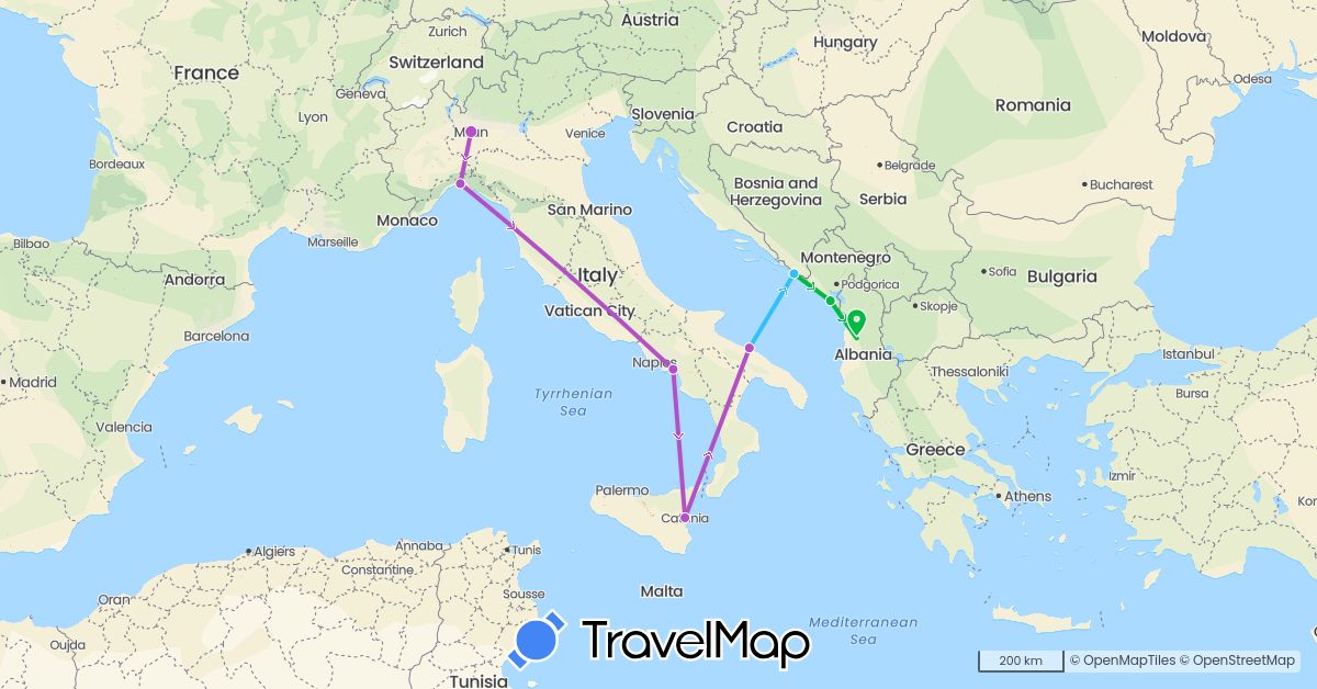 TravelMap itinerary: driving, bus, train, boat in Albania, Croatia, Italy, Montenegro (Europe)